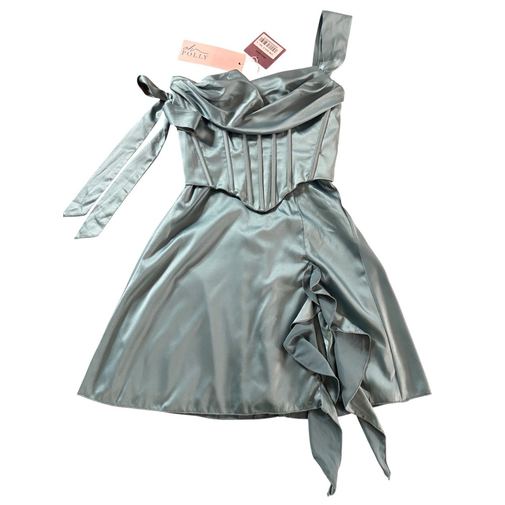 Oh Polly Womens Corset Mini Dress Size 0 Coquette Cowl Glam Party Teal Satin NEW